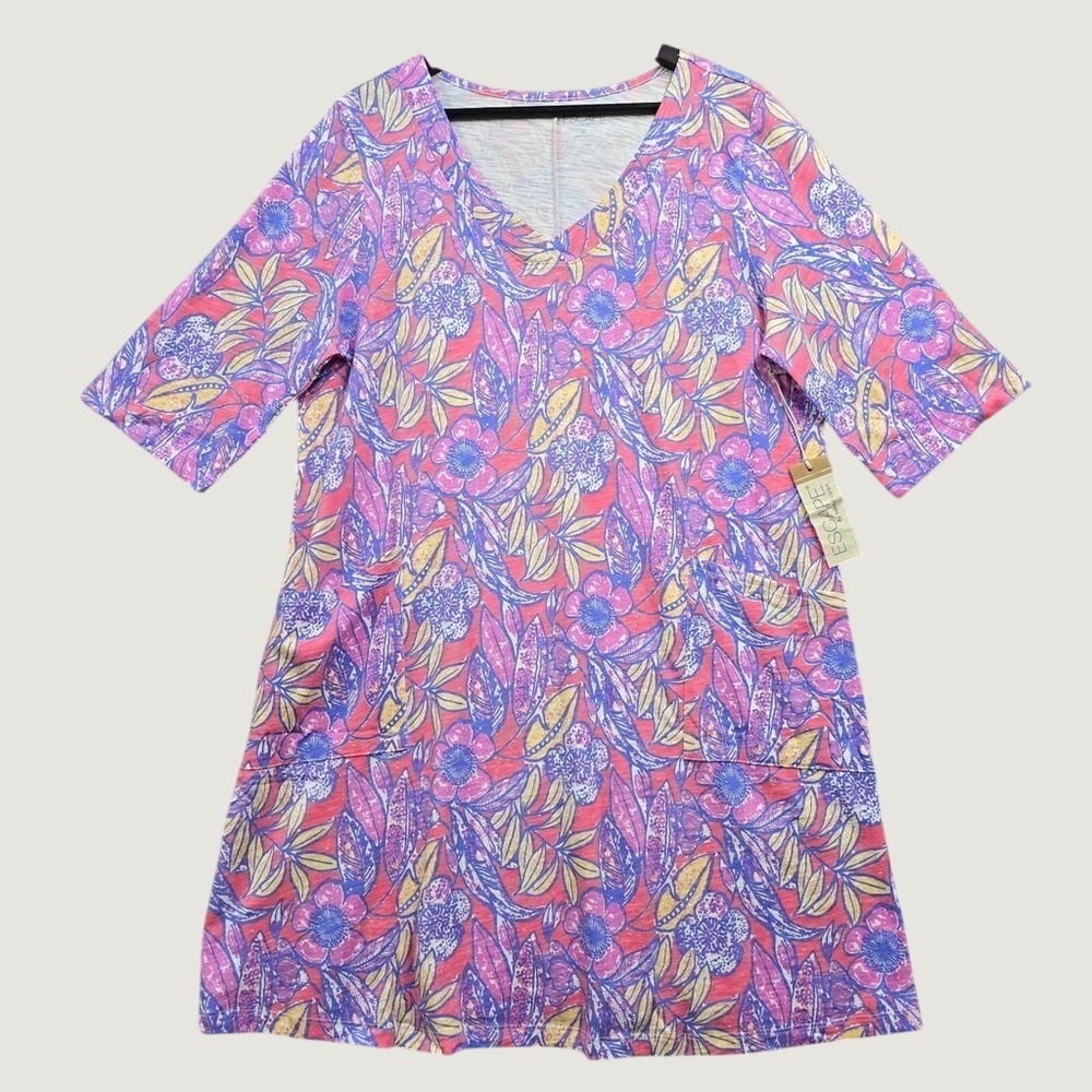 Escape by Habitat Floral Tunic Dress Womens XL Guava Pink Cotton Boho Tropical